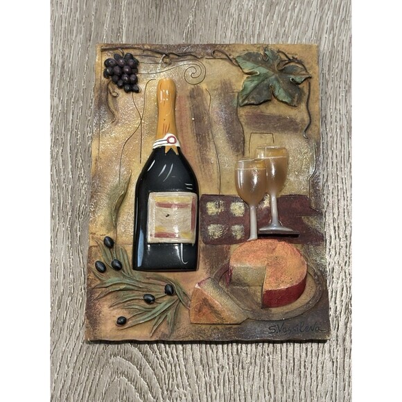 3D Wall Plaque S. Vassileva Wine Bottle Glasses Grapes Kitchen Decor Vino - Picture 1 of 6